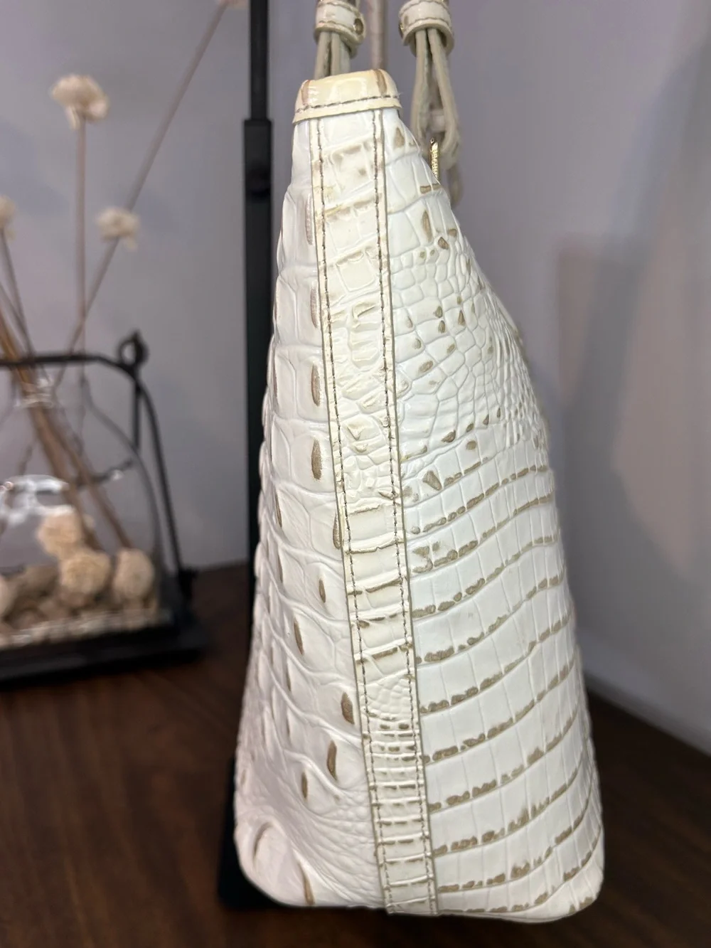 Brahmin Medium Asher White Melbourne Croc Embossed Leather Tote with Tassel